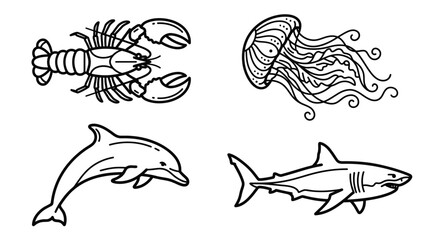 Fototapeta premium Sea Creatures Vector Art: Lobster, Jellyfish, Dolphin, Shark Line Drawings