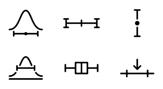 Statistical Data Visualization Icons Set, Distribution Charts, Error Bars, Box Plots, Vector Graphics