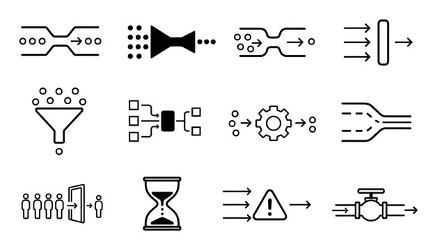 Bottleneck and process flow line icons set representing business optimization, data filtering, traffic congestion, queue management, and workflow efficiency concepts