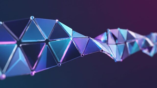 Futuristic 3D visualization of a flowing wave made of interlocking triangular shapes in vibrant blue and purple tones. This dynamic abstract animation symbolizes data, connectivity, and technology