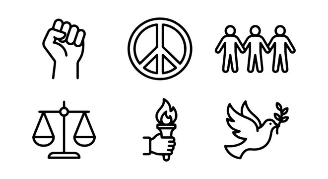 Social Justice Icons: Peace, Equality, Freedom, Human Rights, Unity, Hope Symbols