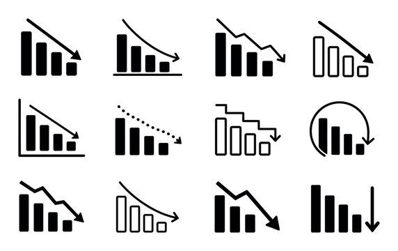 Decreasing bar chart icons showing downward financial trends, business decline, economic recession, and negative growth statistics for presentation design