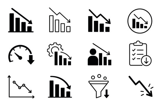 Financial decline and decrease icons representing economic crisis, business failure, negative growth, and downward market trends