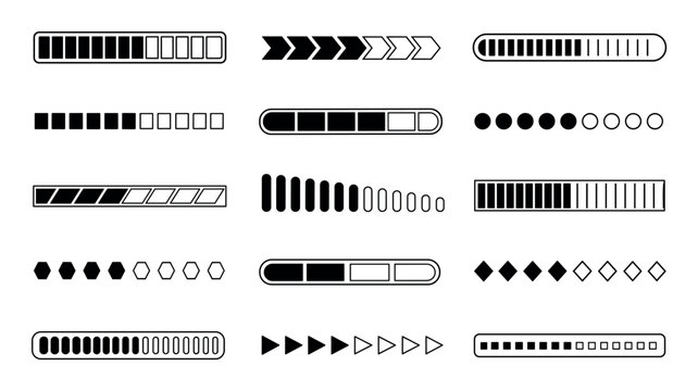Loading progress bar icons representing different stages of data transfer, system updates, and interface status indicators for web and mobile applications