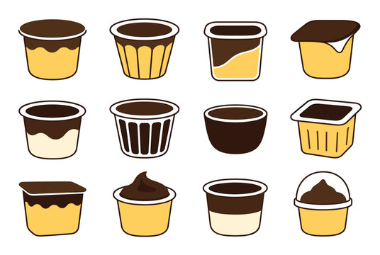 Pudding cup icons set with chocolate dessert in plastic containers, featuring various sweet dairy products, yogurt, cream, and caramel puddings in flat vector style