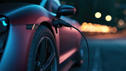 Naklejka premium Electric Car Charging at Night with Neon Lights.