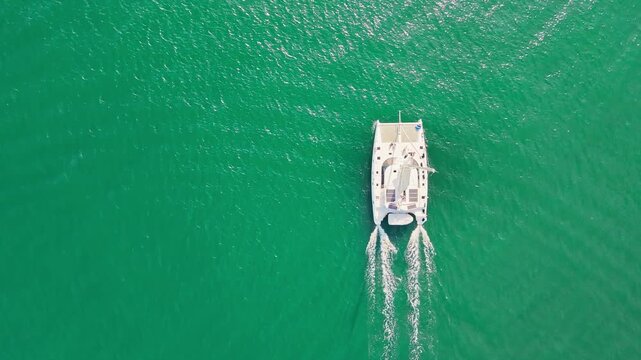 Aerial top down view of luxury sailing catamaran cruising on turquoise Baltic Sea