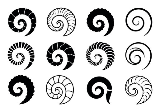 Black spiral ram horn vector silhouette icons featuring various stylized animal horns, ammonite shells, and tribal curls for graphic design elements