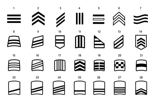 Military rank insignia and chevron stripes set featuring twenty-eight different black and white vector symbols for army navy police and security force uniforms