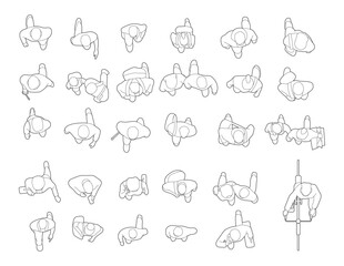 set of people lifestyle walking top view in city, minimalist outline plan drawings for architectural style. diversity of citizen. black continuous line art plan vector illustration. © SRTember