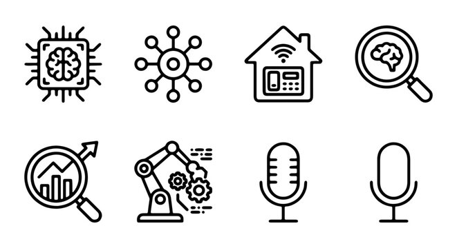 AI Technology Icons: Brain Chip, Network, Smart Home, Robotics, Microphone