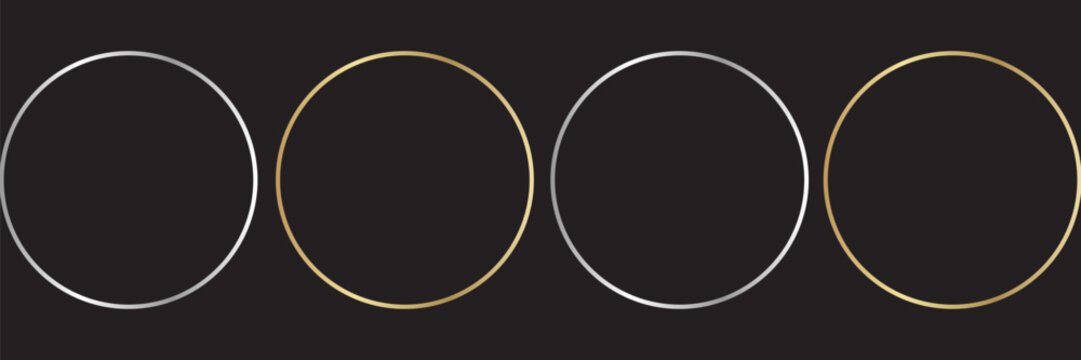 Gold  and silver circle thin frames. Blank metal ring, button, stamp, emblem, sticker, label. First, second and third place medals isolated on black background. Abstract vector illustration set. Eps10
