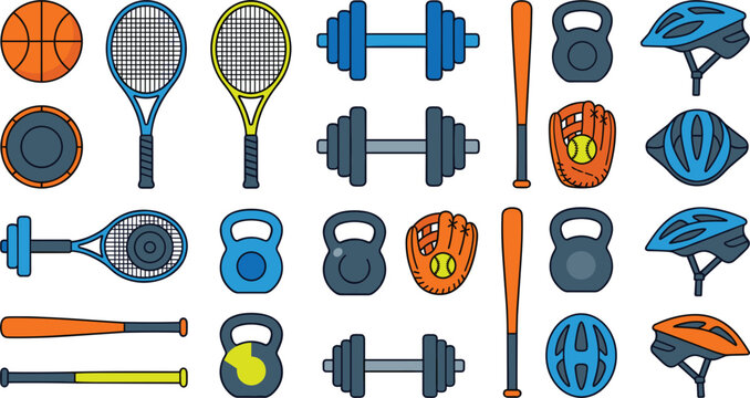 Sports Equipment and Fitness Workout Vector Icon Set with Rackets Dumbbells Kettlebells Baseball Bats Helmets and Balls for Gym Activity Graphic Designs