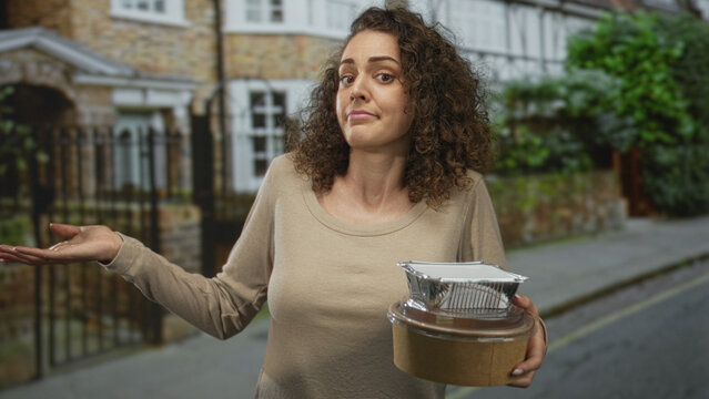 Young hispanic woman holding takeaway food containers with hand palm up shrugging gesture on street outside house gate; indifference waiting.