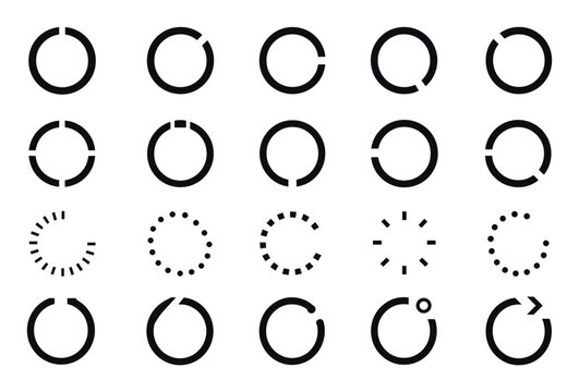 Circular loading progress bar icons featuring various minimalist designs interface, application buffering, and digital preloader indicators