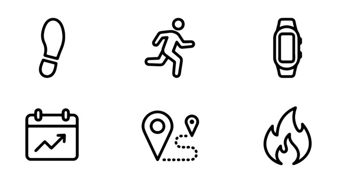 Fitness Icons: Running, Steps, Calendar, Map, Fire, Smartwatch Vector Set