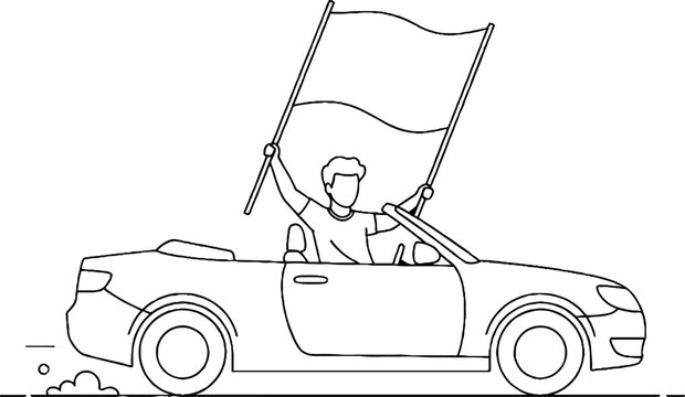 Man in convertible car waving flag enthusiastically.
