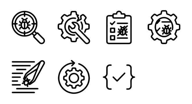 Software Development Icons: Bug Fixing, Coding, Workflow, Testing, Debugging