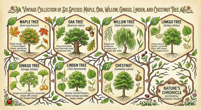 Retro educational chart with detailed drawings of maple, oak, willow, ginkgo, linden, and chestnut trees.