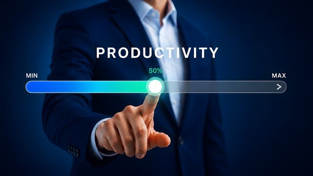 Productivity optimization control concept displaying a corporate executive adjusting a glowing digital performance slider at fifty percent capacity