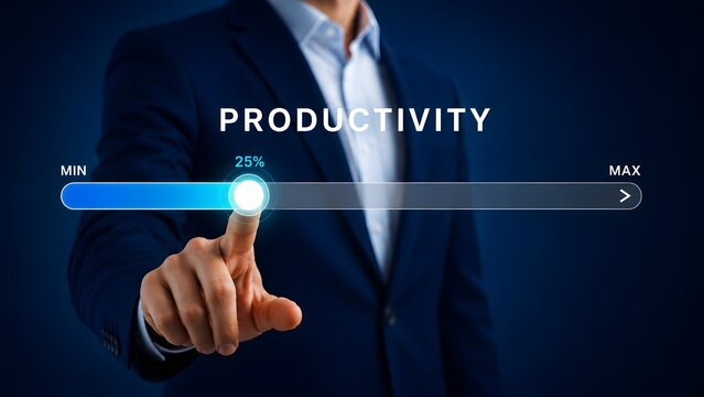 Low productivity measurement concept with corporate executive adjusting a digital performance slider interface