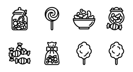 Sweet Treats Icons: Candy Jar, Lollipop, Cotton Candy, Bagged Sweets, Vector Graphics