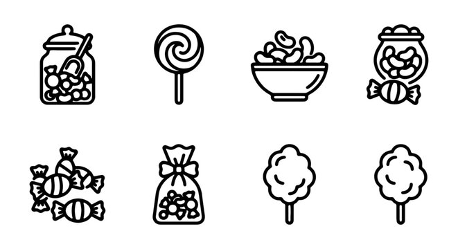Sweet Treats Icons: Candy Jar, Lollipop, Cotton Candy, Bagged Sweets, Vector Graphics