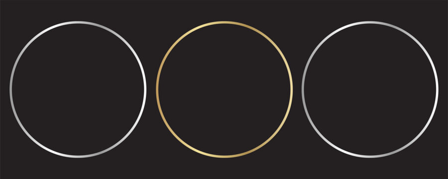 Gold  and silver circle thin frames. Blank metal ring, button, stamp, emblem, sticker, label. First, second and third place medals isolated on black background. Abstract vector illustration set. Eps10