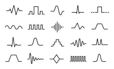 Obraz premium Signal waveform line icons depicting various electronic pulses, sound waves, frequency oscillations, and digital data transmissions for technical designs
