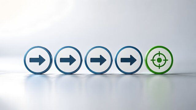 Process progression to business success concept featuring a sequence of blue directional arrows pointing to a green target