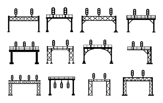 Railway signal gantry icons set representing overhead rail traffic light structures, metal bridges, and semaphores used for train control and railway safety systems