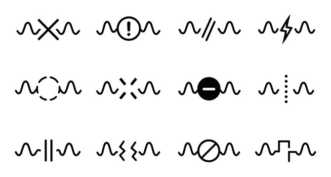 Signal interruption and wave interference icon set representing various types of circuit faults, signal degradation, and electrical connection breaks in physics and electronics