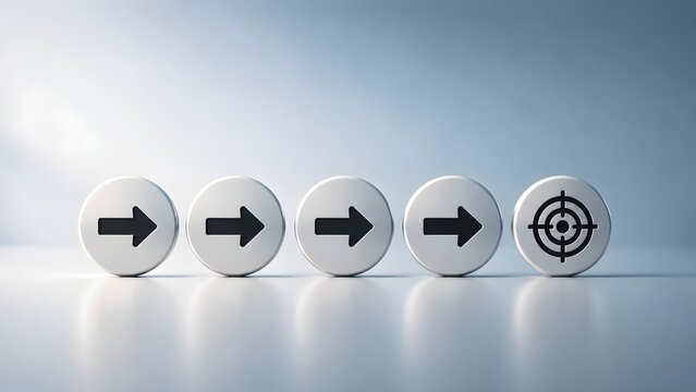 Minimalist corporate strategy progression concept showing sequence tokens with forward arrows pointing to a final business target