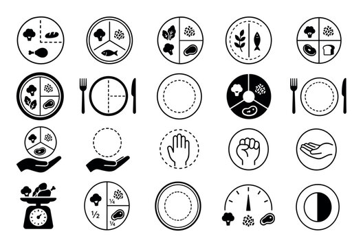 Healthy food portion control plate method icons set representing balanced diet nutrition guidelines with hand size measurements and kitchen scale symbols