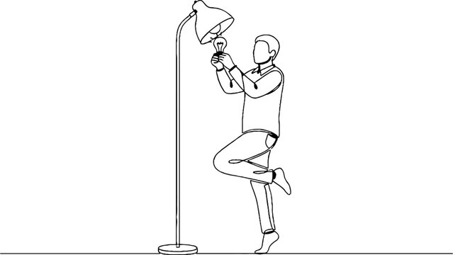 Man changing light bulb on tall floor lamp.