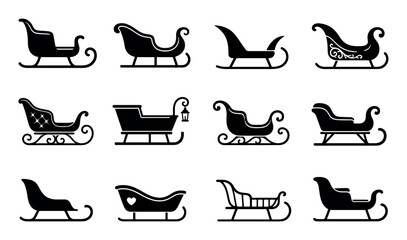 Fototapeta premium Christmas Santa Claus sleigh black silhouette icons set featuring various traditional winter sled designs for holiday decorations, graphic design, and festive greeting cards