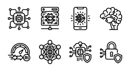 Obraz premium AI, Machine Learning, Artificial Intelligence Icons. Technology, Brain, Data, Security Vector Set