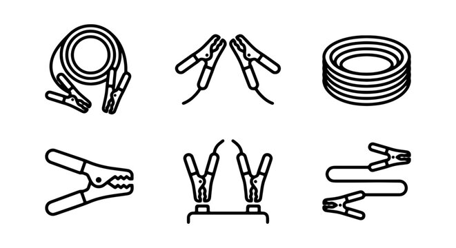Jumper Cables Vector Icons, Car Battery Booster Cable Set, Automotive Repair Tools