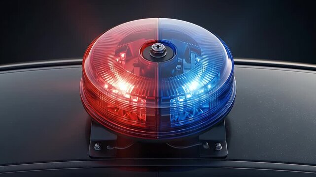 Police emergency light with red and blue flashing colors mounted on vehicle roof, warning of urgent situation with bright illumination, safety, and law enforcement siren signals