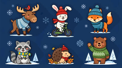 Naklejka premium Cute Cartoon Winter Animals Flat Design Vector Illustration Style with Moose, Rabbit on Bike, Fox, Raccoon, Hedgehog, and Bear
