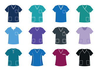 Fototapeta na wymiar Medical scrub tops for doctors and nurses in a variety of colors and styles including v-neck and round neck designs for healthcare professionals