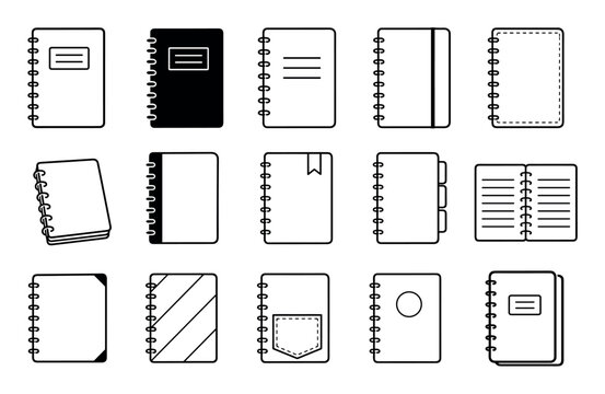 Spiral notebook line art icons representing various styles of diaries, journals, and sketchbooks with different covers, bindings, tabs, and bookmarks for school or office use