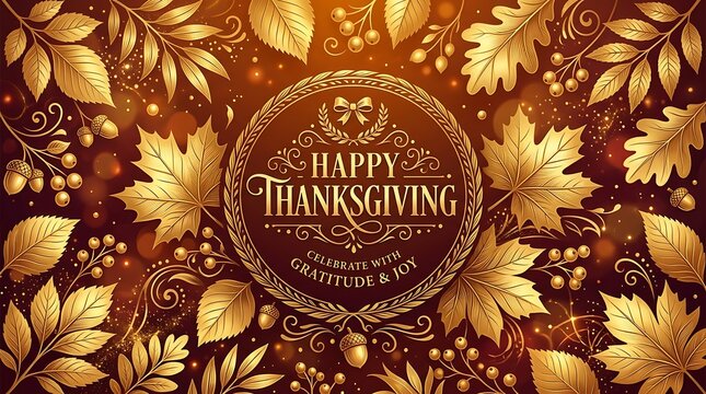 Golden leaves surround a Happy Thanksgiving sign on a brown background