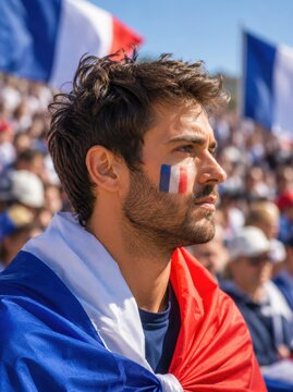Serious French football fan with face paint draped in a national flag. Focused male supporter watching an international sports championship match in a crowded stadium. Concept of team pride and hope.