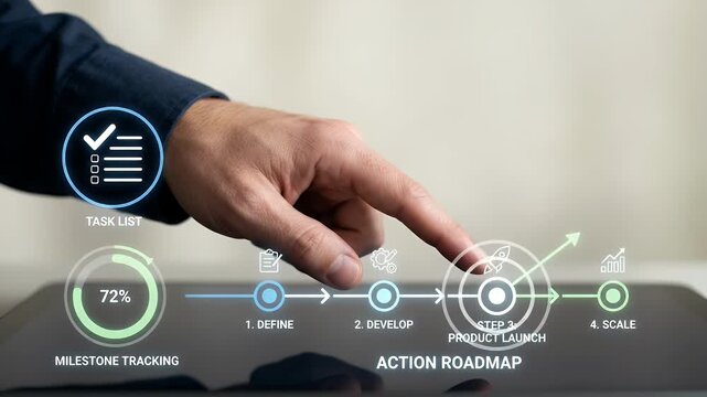 Business task list milestone tracking action roadmap product launch define develop scale progress planning strategy concept with digital interface showing project management process goal setting