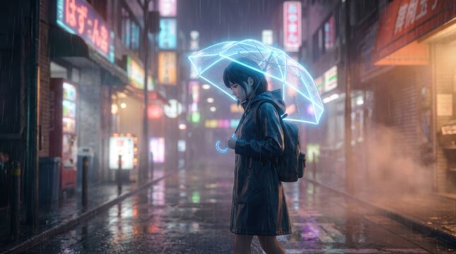 Rainy Night City Street Neon Umbrella Asian Woman Walking Alone Cyberpunk Urban Loneliness Scene