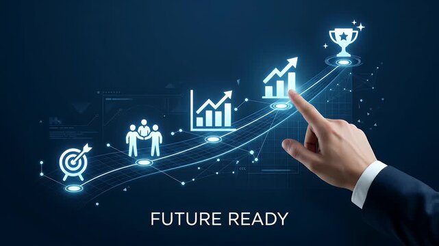 Future ready business growth chart target teamwork success trophy hand pointing progress achievement rising graph symbolizing success growth target achievement teamwork business technology digital