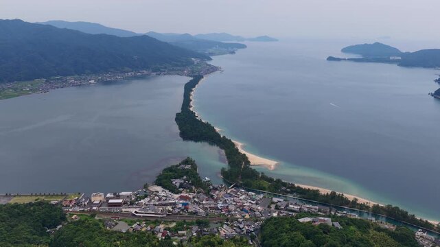 Aerial Orbit View of Amanohashidate Sandbar and Miyazu Bay, Kyoto Japan