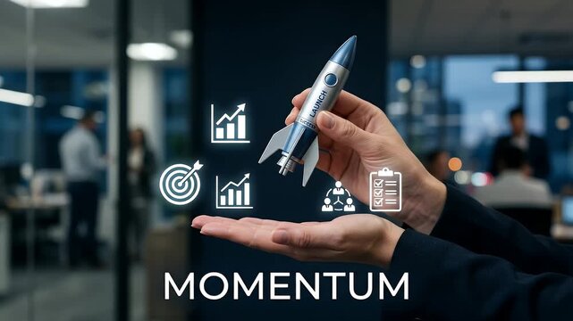 Business growth momentum with hand holding rocket model and success icons symbolizing launch achievement progress target chart team checklist in office environment