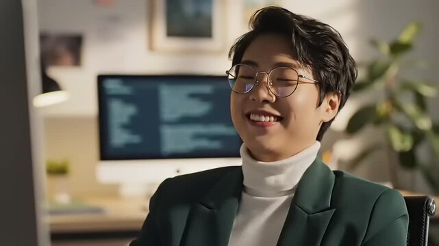 Young Asian Man Working on Computer, Smiling and Concentrating, Office Setting.